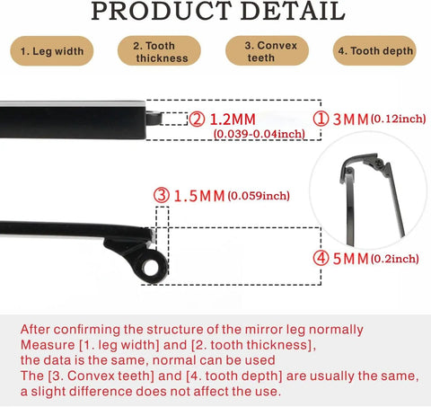 Sturdy Metal Eyeglass Temple Arms Universal Glasses Leg Replacement Kit With Included Screws For No Sweat Eyewear Repair And Totally Fresh Spectacle Vibe Upgrade Black showing detailed measurements.