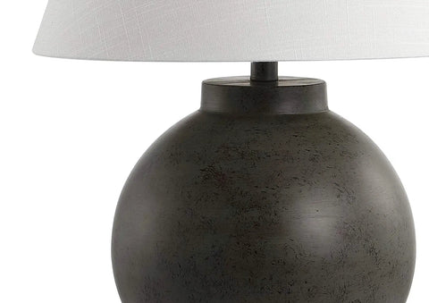 Close-up of 26 Inch Dark Gray Contemporary Resin Sphere LED Table Lamp With White Linen Drum Shade Dope Modern Desk Lamp For Living Room And Bedroom