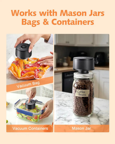 Electric Mason Jar Vacuum Sealer Kit 2026 Upgraded Cordless One Handed Jar Sealer in use on jars and vacuum bags