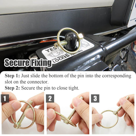 Close-up of how to install the Beefed-Up Heavy Duty Lynch Pin Kit With Ring, Six Pin Set, showing securing pin in place.