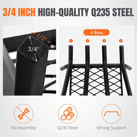 14 Inch Fireplace Log Grate With Ember Retainer Heavy Duty Steel Firewood Rack featuring Q235 steel bars and four-leg support.