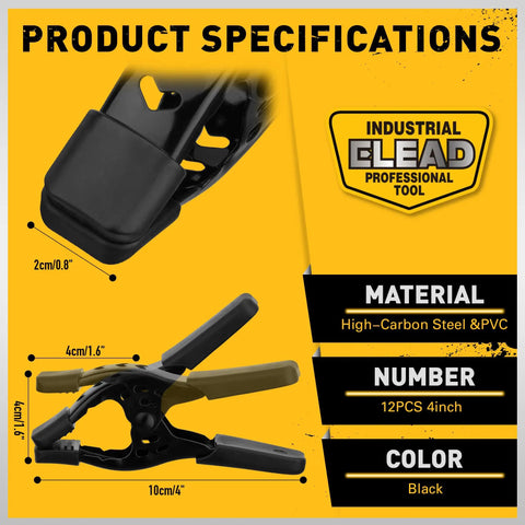 Heavy Duty Metal Spring Clamps Set 12 Pc Four Inch Jaw Opening Up To Two And A Half Inches product specifications
