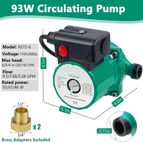 Dead Quiet Hot Water Recirculating Pump With Adjustable Speed Settings For Reliable Instant Hot Water Delivery Super Silent Water Heater Circulator Unit, 93W, model RS15-6, featuring brass adapters.