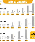 Built Like Iron 456 Piece Stainless Steel Bolt And Nut Assortment Kit Packing with various sizes and quantities of fasteners.