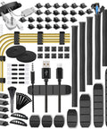 All In One Cable Management Kit For TV Desk And Car With 188 Pcs including sleeves, clips, zip ties, mounts, and adhesive rolls.