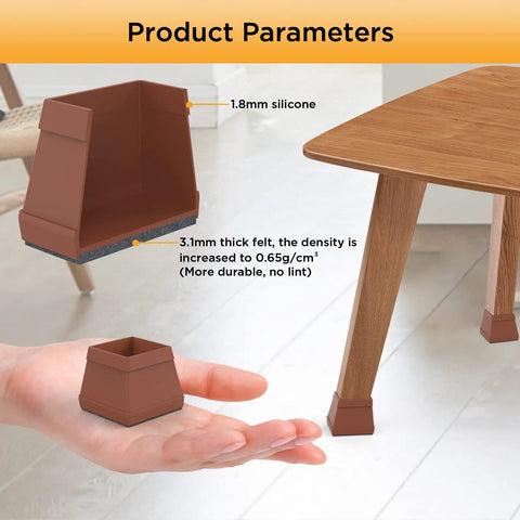 16 Piece Silicone Chair Leg Protectors With Felt Square Floor Pads shown on wooden leg with product details