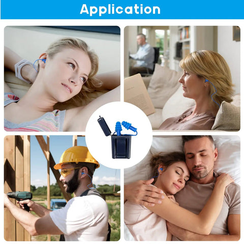People using Noise Cancelling Ear Plugs 27dB NRR, Corded And Reusable, Individually Packaged With Belt Clip in various settings