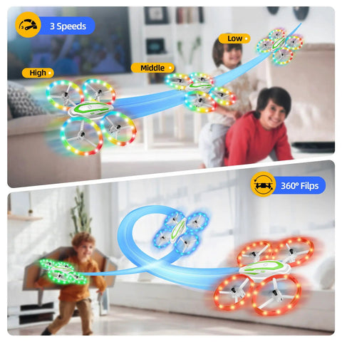 Mini Drone For Kids Beginners Easy To Fly RC Quadcopter With Colorful LED Lights performing 360° flips indoors with children playing