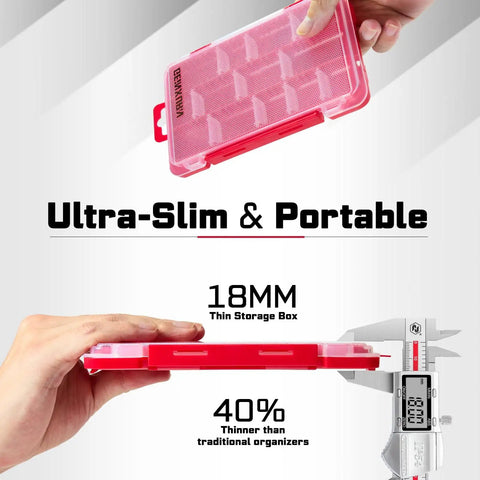 4 Piece Red Portable Transparent Plastic Small Parts Organizer Case Set With Removable Dividers Next to Caliper