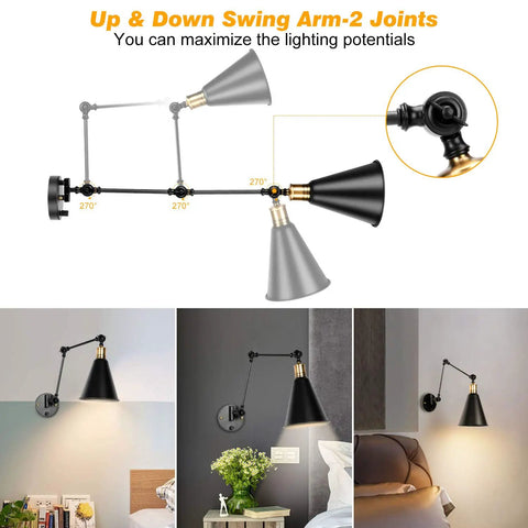 2 Pack Adjustable Swing Arm Wall Sconces Hardwired Industrial Metal Vintage Style Wall Mount Lamps With Up Down Lamp Head And Arm Joints, Bulbs Not Included, Ideal For Living Room Hallway Kitchen