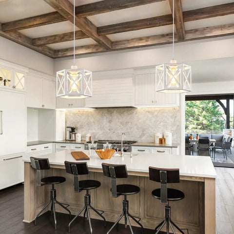 Farmhouse Pendant Lights 2 Pack With Rustic Distressed White Wood And Matte Black Metal Cage Adjustable Mini Pendant Lamps No Glass