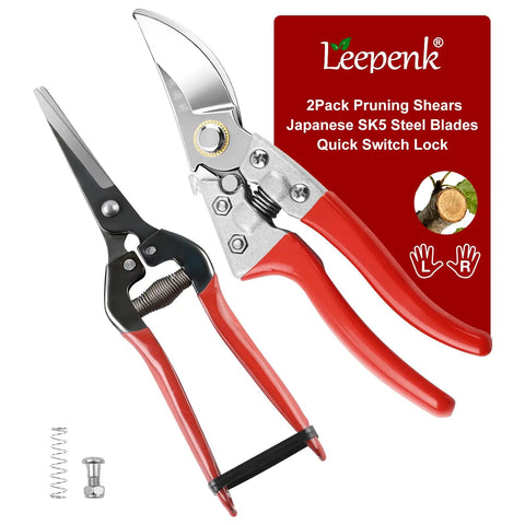 Heavy Duty Garden Pruning Shears Set With Japanese SK5 Steel Blade And Long Straight Snip, ergonomic grips, close-up view