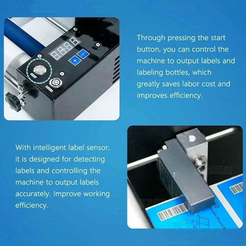 Close-up of the No Sweat Manual Labeling Machine control panel and sensor for round glass plastic bottles, showcasing efficient label application.