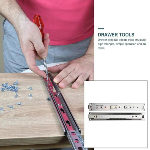 Person installing Drawer Slides 10 Inch Three Section Track Rails Side Mount Silver Set Of 2 for Kitchen and Home Organization.