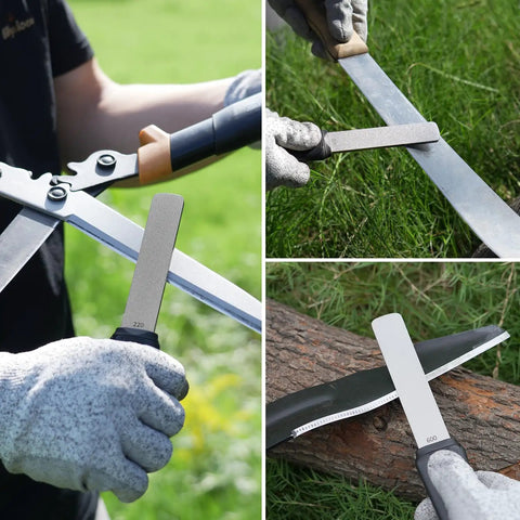 Dual Grit Diamond Sharpening Stone File With Angle Guide 220 And 600 Grit Tool Sharpener in use on blades and machete.