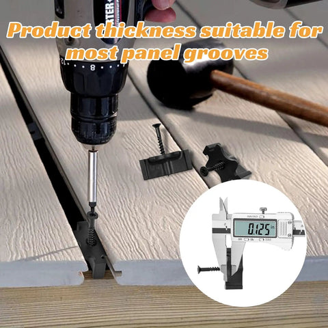 Heavy Duty Hidden Deck Fasteners For Composite And Wood Board Edges With Weatherproof Screws and Universal Hideaway Clamps being installed with a drill.