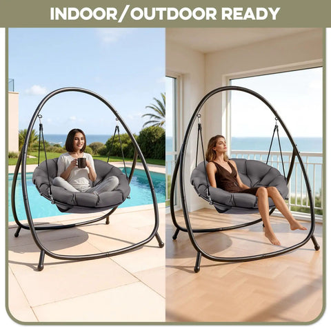 Hammock Hanging Chair With Stand Round Shaped Swing Chair For Indoor Or Outdoor Use With Padded Cushion and Steel Frame