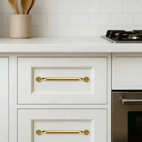 Kitchen with Top Shelf 5 Pack Solid Brass Cabinet Pulls 3 Inch Center-To-Hole Handles In Unlacquered Brass Finish For Drawers And Doors