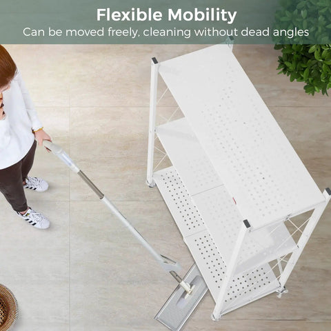 Three Tier Foldable Storage Shelves With Wheels No Assembly Rolling Cart For Kitchen Garage Basement And Pantry White Freestanding Metal Wire Rack To Tame Clutter And Move It Easily, white foldable cart on wheels