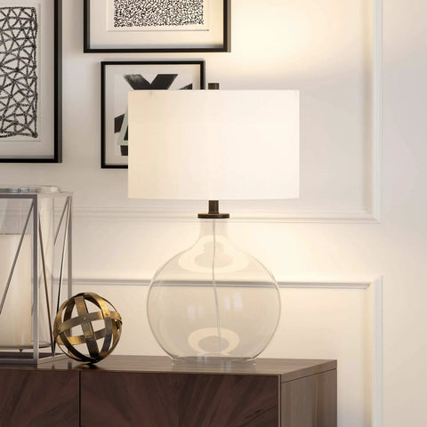 24 Inch Tall Table Lamp With Fabric Shade In Clear Glass Blackened Bronze White Finish For Nightstands And Side Tables Ambient Lighting