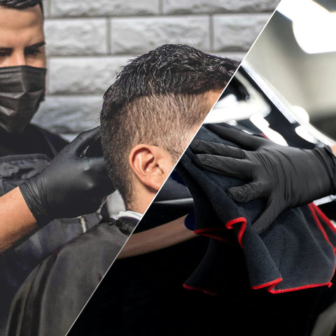 Schneider black nitrile exam gloves, latex-free and powder-free; two people wearing large disposable gloves.