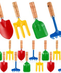 16 Piece Garden Tools Set With Wooden Handles shown with colorful shovels, rakes, and forks for gardening or beach use.