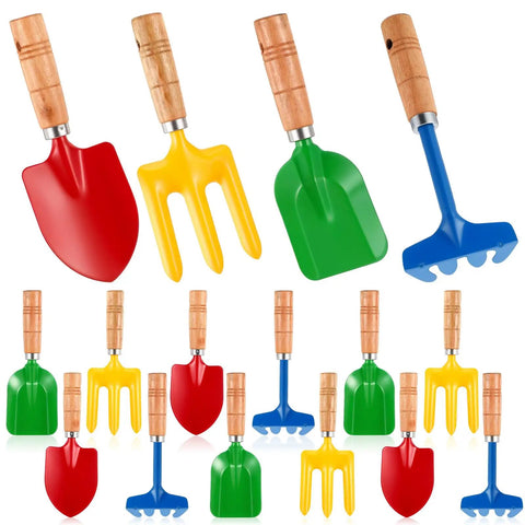 16 Piece Garden Tools Set With Wooden Handles shown with colorful shovels, rakes, and forks for gardening or beach use.