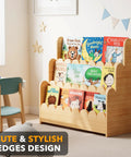Three Tier Montessori Style Wooden Bookshelf For Toddlers With Front Facing Display And Space Saving Toy Storage.