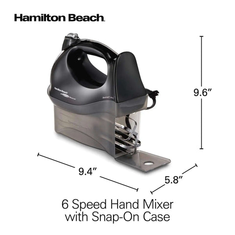 Big Time Slick And Kickin Six Speed Electric Hand Mixer With Quick Burst Function with snap-on case, measuring 9.6" x 9.4" x 5.8".