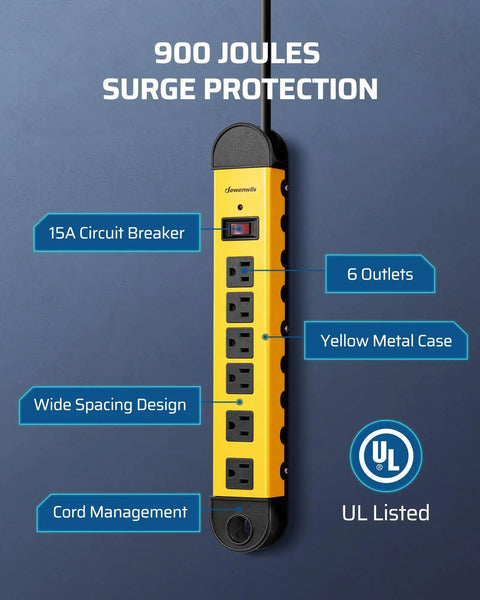 Heavy Duty 6 Outlets Power Strip Surge Protector With 15 Foot Cord UL Listed 900 Joules Flat Plug Low Profile Wall