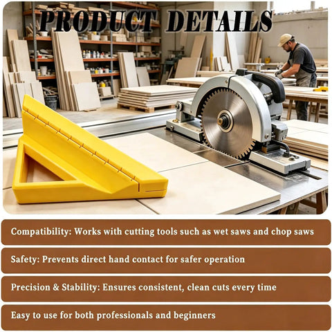 Pro Grade 45 Degree Tile Miter Tool With Precision Guide in workshop with saw, showcasing ABS construction and seamless edge cuts.