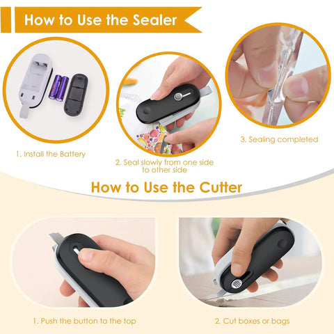 How to use the Super Slick Mini Heat Sealer With Built In Cutter That Reseals Chip Bags Smoothly; instructions and battery installation.