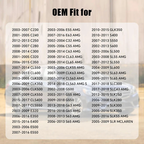 Compatibility chart for Mercedes Benz Gas Cap Replacement 2214700605 detailing model and year fitment, with blurred background.