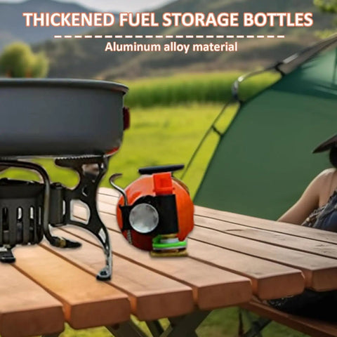 Aluminum Fuel Bottle 750ml For Camping And Outdoor Use on picnic table with stove, leak-proof, orange color for visibility.