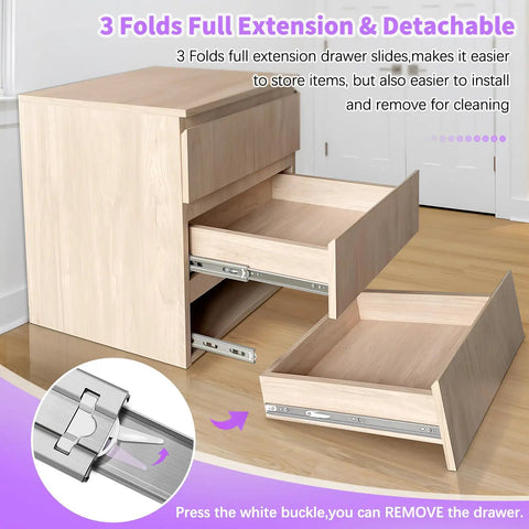 12 Inch Soft Close Stainless Steel Drawer Slides 1 Pair shown in a light wood cabinet with drawers partially open.