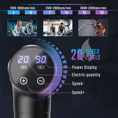 20 speed levels display on Heated Massage Gun With Heat Head For Deep Tissue Muscle Relief, showing power and speed controls.