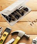 Blind Rivets Assortment Kit 120 Pcs Aluminum Alloy M2.4 M3.2 M4 with tools on wooden surface