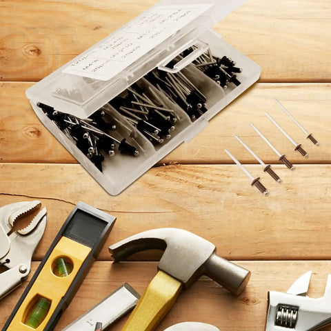 Aluminum Blind Rivet Set 120 Pc Assortment Kit Black M2.4 M3.2 M4 in plastic case on wooden surface with tools nearby