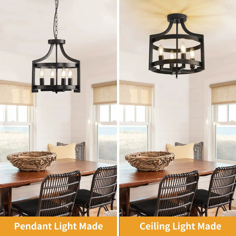 Farmhouse Rustic Black Pendant Light Chandelier, Adjustable Metal Lantern Ceiling Fixture For Kitchen Island, Dining Room, Living Room, Bedroom, Foyer And Entryway, Modern Farmhouse Lighting With Cozy Vibe
