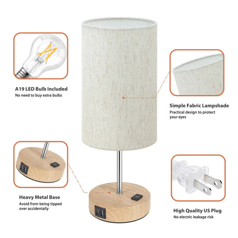 Infographic of Table Lamps Set Of 2 With Touch Control, 2 USB Ports And AC Outlet, showing fabric shade, wooden base, and A19 bulb.