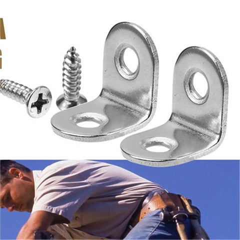 Rock Solid L Corner Brackets 100 Pack Stainless Steel With Screws For Wood Furniture Cabinets And Shelves close-up of brackets and screws.