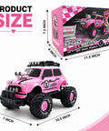 Pink RC Monster Truck For Girls With Two Rechargeable Batteries, 2.4GHz Easy Control, Kid Friendly Remote Car Toy, Perfect Birthday Gift For Ages 3 To 8 with box and size dimensions shown