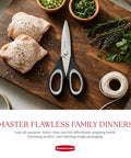 All Purpose Kitchen Scissors Heavy Duty Stainless Steel Shears With Protective Sheath For Food Meat Poultry And Herbs, Dishwasher Safe, Comfort Grip Black on cutting board with chicken, herbs, and twine