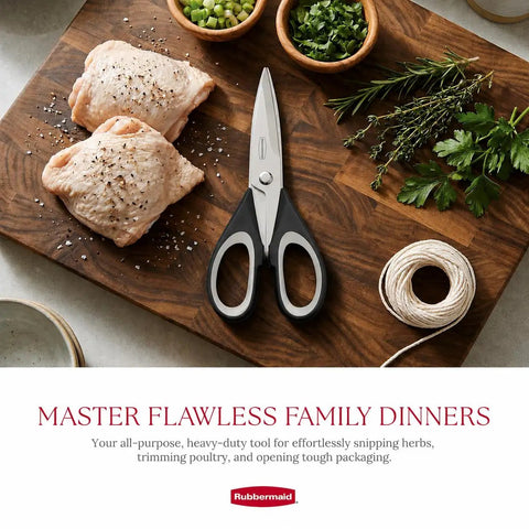 All Purpose Kitchen Scissors Heavy Duty Stainless Steel Shears With Protective Sheath For Food Meat Poultry And Herbs, Dishwasher Safe, Comfort Grip Black on cutting board with chicken, herbs, and twine