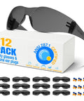 Legit Heavy Duty Smoke Tinted Safety Glasses 12 Pack With 12 Noise Blocking Silicone Ear Plugs NRR 25dB in a boxed set.