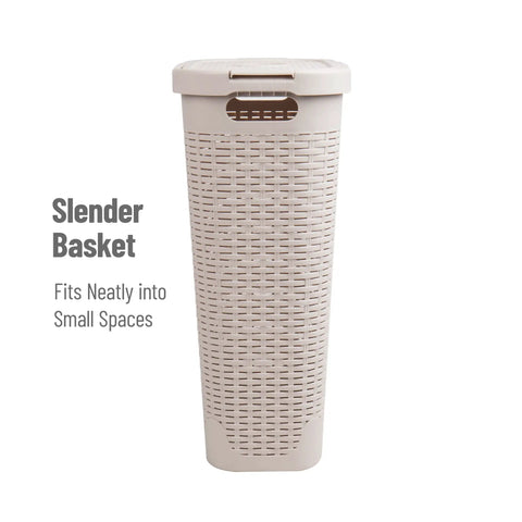 Slim Laundry Hamper With Lid, 40L Capacity Clothes Basket, Narrow Tapered Design For Tight Spaces, Ventilated Cutout Pattern
