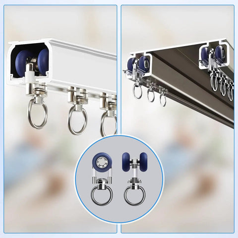 Heavy Duty Silent Glide Curtain Track Rollers With Pulley Wheel Runners Set showing blue pulleys on a ceiling mount track.