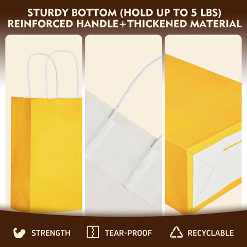 Kraft Gift Bags With Handles Bulk Pack 24 Small Party Favor Bags In 6 Colors, 5.8 By 3.2 By 8.25 Inches showing yellow bag detail