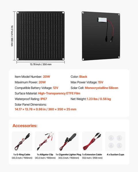 Go-To 20W 12V Solar Panel Battery Charger And Trickle Maintainer kit with dimensions, specifications, and included accessories.