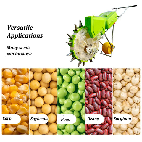 All In One Garden Push Seeder with Wheel Dual Hopper Seed Sower and Fertilizer Applicator showing versatility with corn, soybeans, peas, beans, sorghum.